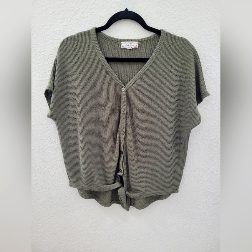 Pink Rose Womens Olive Green Button-Up Knit Top